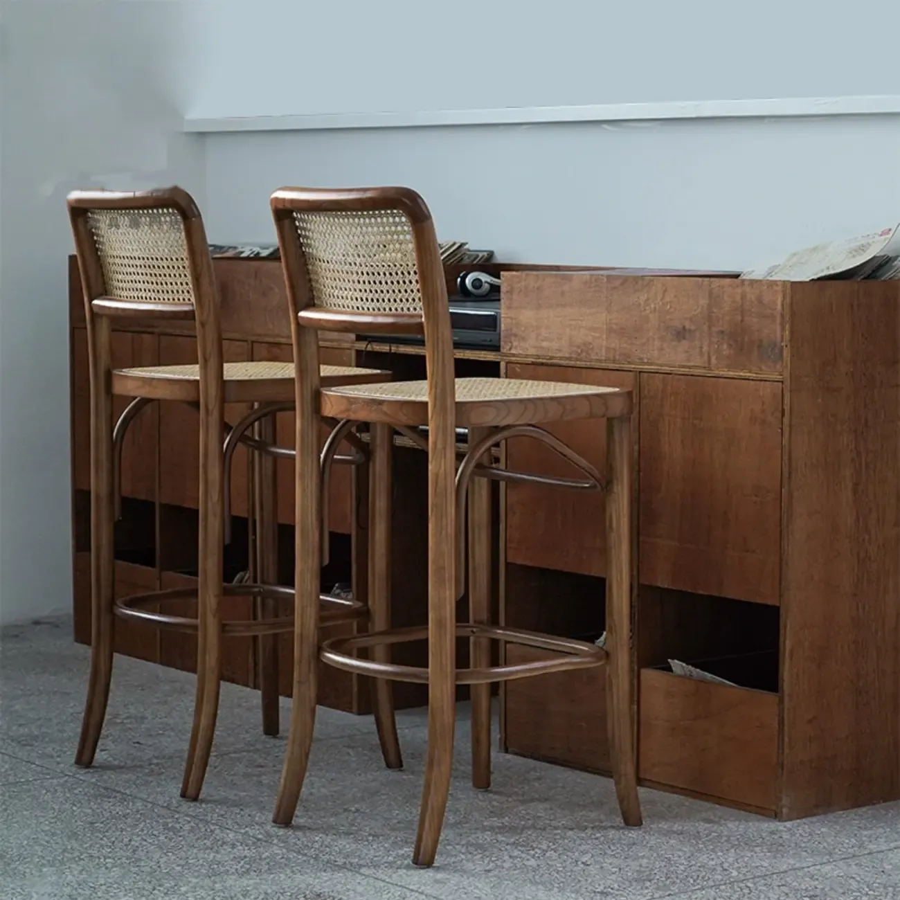 Vintage Wooden Elegance Square Rattan Back High Bar Stool Image - 1