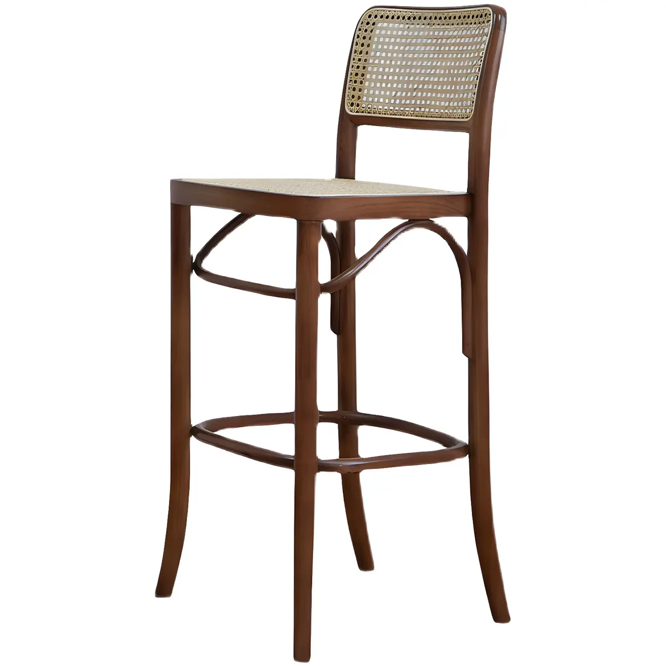 Vintage Wooden Elegance Square Rattan Back High Bar Stool Image - 8 | homeyfad