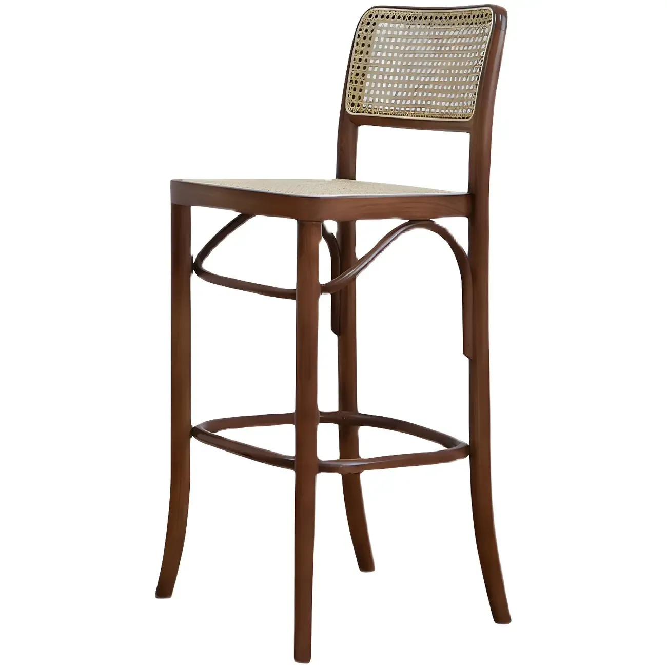 Vintage Wooden Elegance Square Rattan Back High Bar Stool Image - 8
