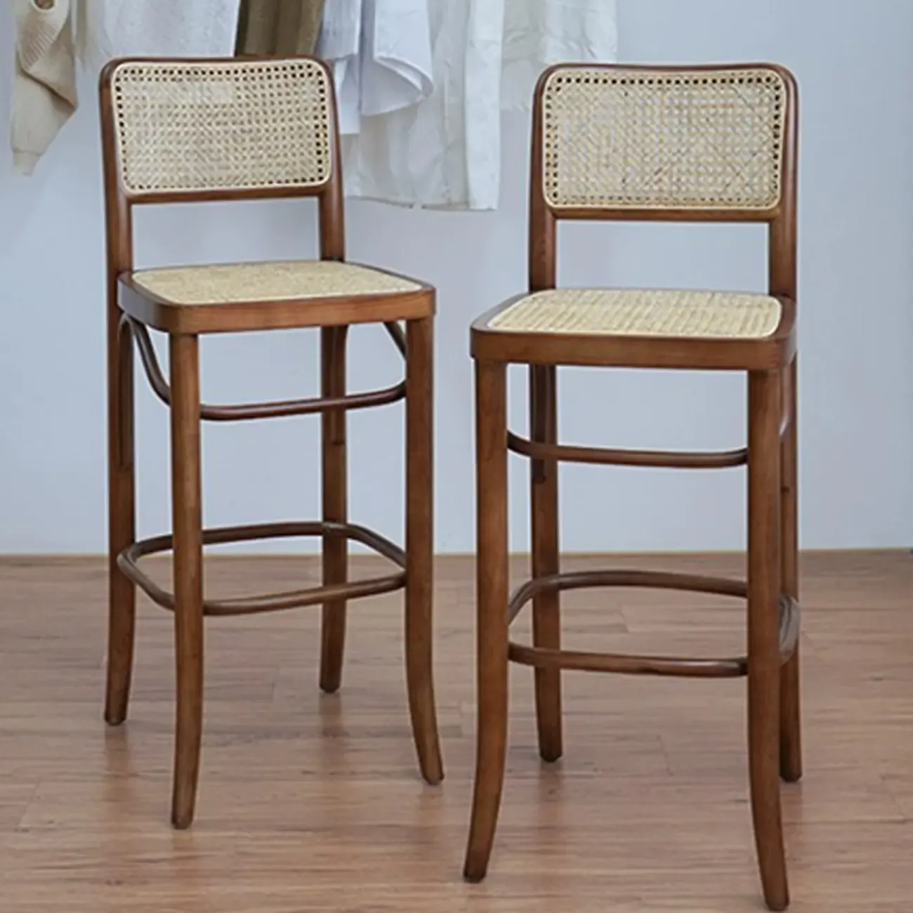 Vintage Wooden Elegance Square Rattan Back High Bar Stool Image - 3