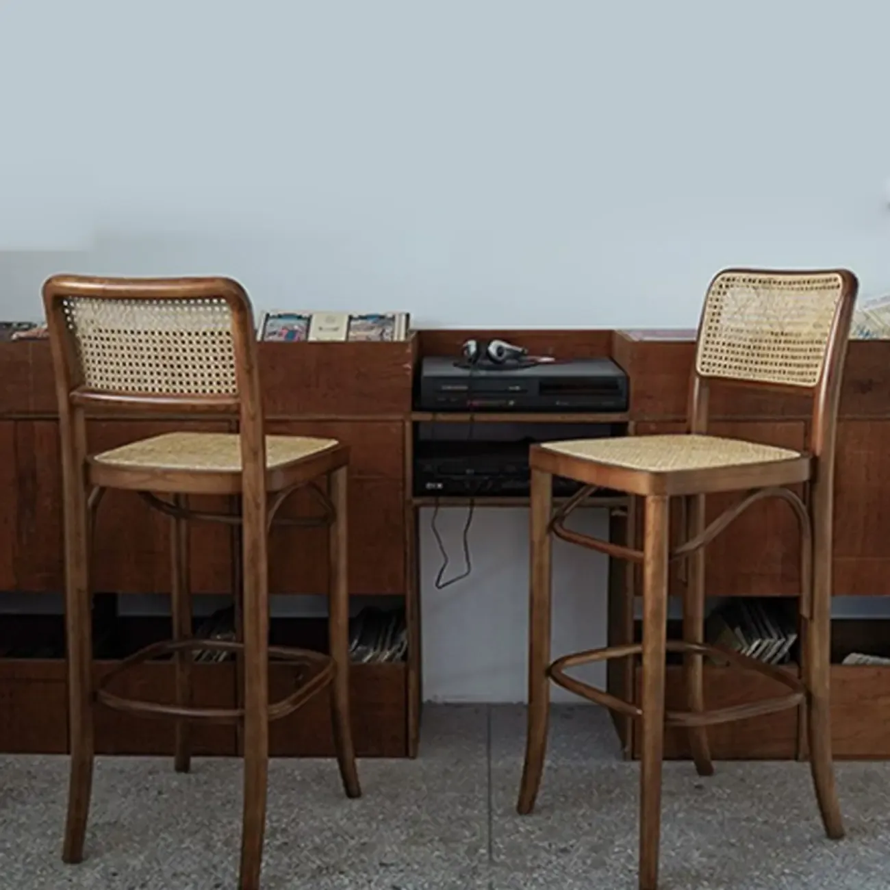 Vintage Wooden Elegance Square Rattan Back High Bar Stool Image - 4