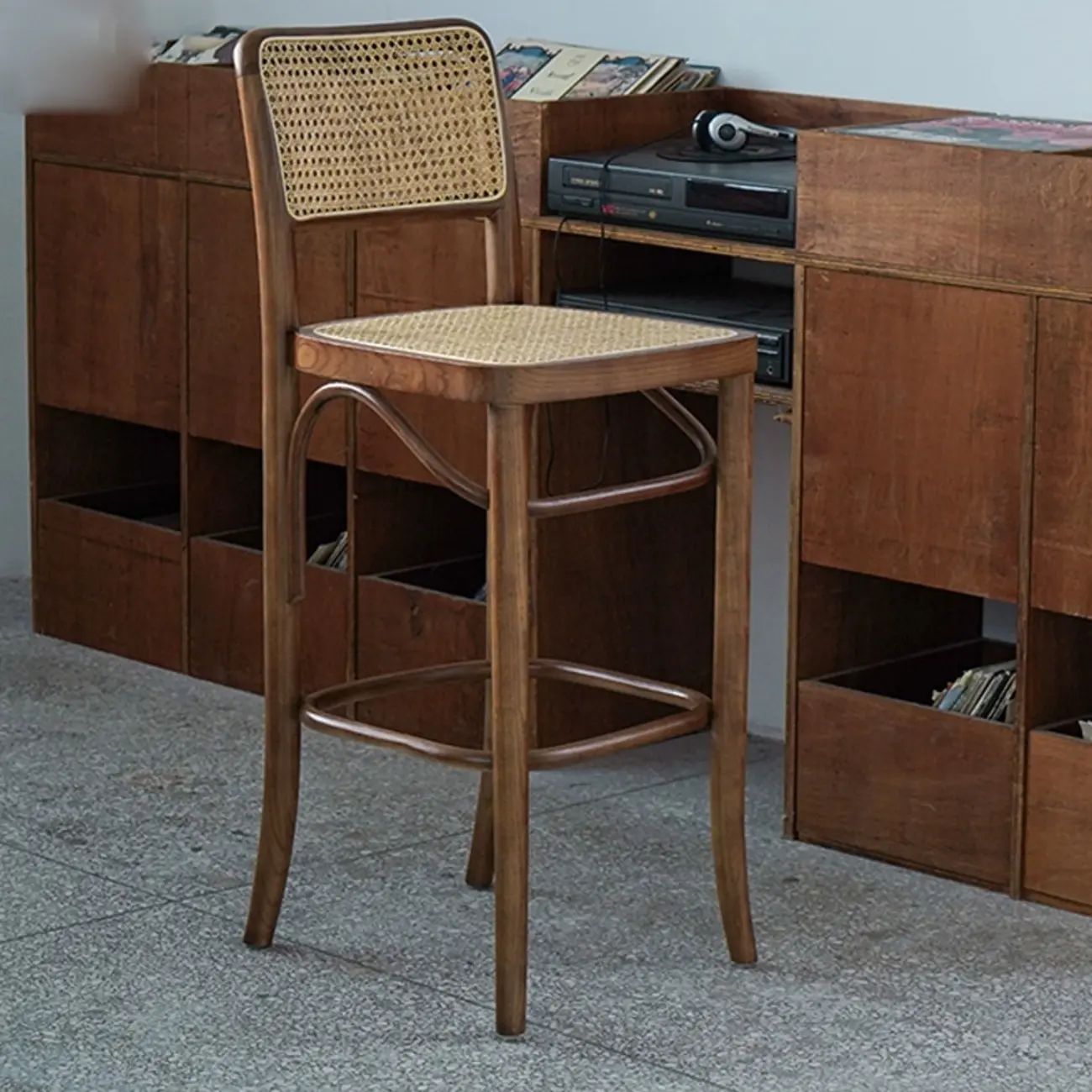 Vintage Wooden Elegance Square Rattan Back High Bar Stool Image - 2 | homeyfad