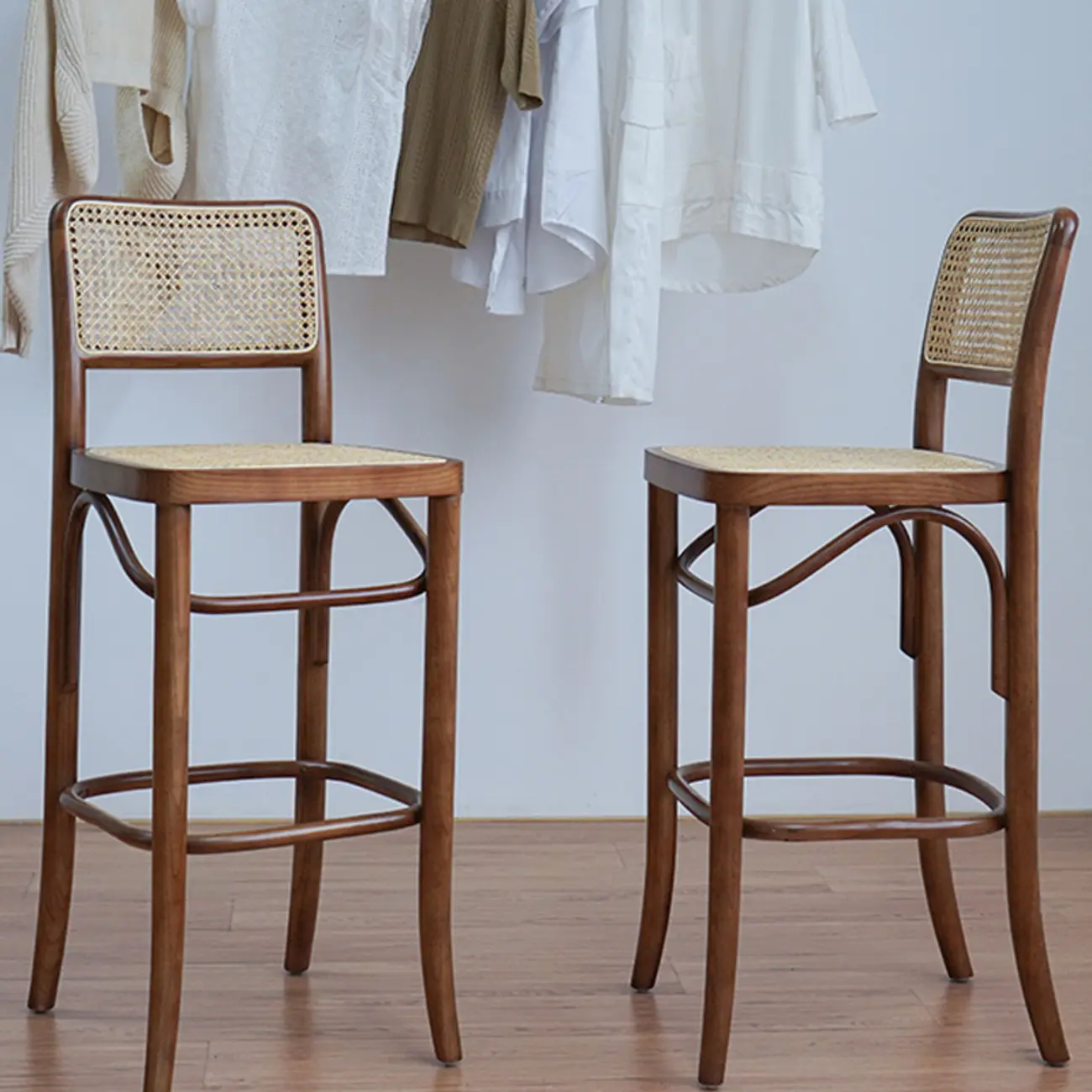 Vintage Wooden Elegance Square Rattan Back High Bar Stool Image - 5 | homeyfad