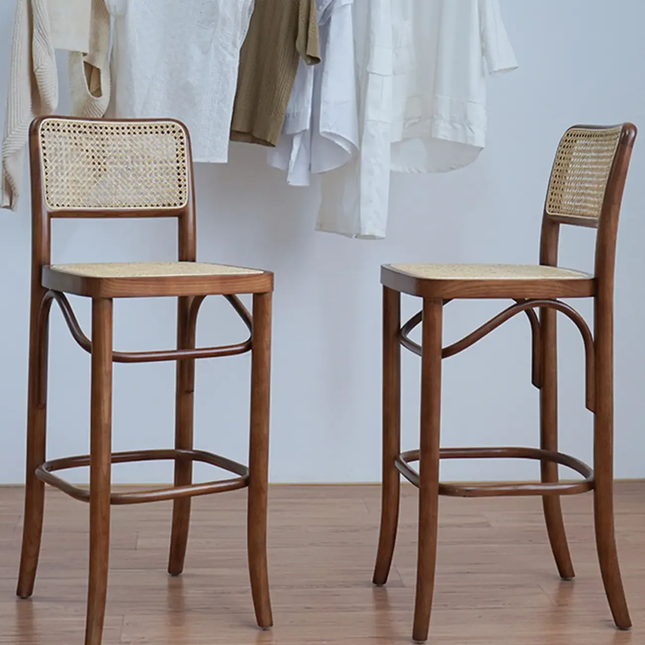 Vintage Wooden Elegance Square Rattan Back High Bar Stool Image - 5