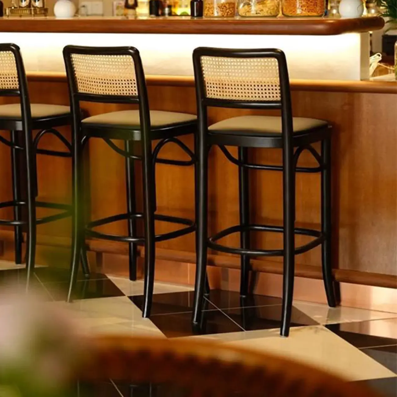 Vintage Wooden Elegance Square Rattan Back High Bar Stool Image - 6 | homeyfad