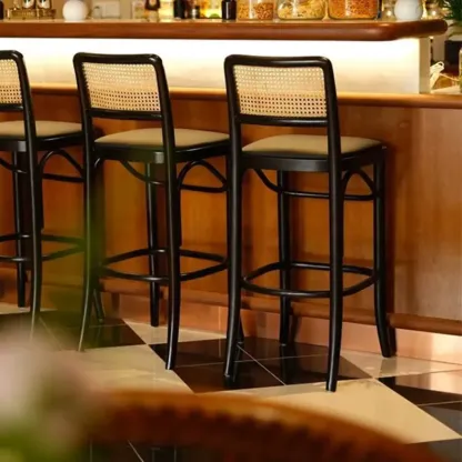 Vintage Wooden Elegance Square Rattan Back High Bar Stool Image - 6