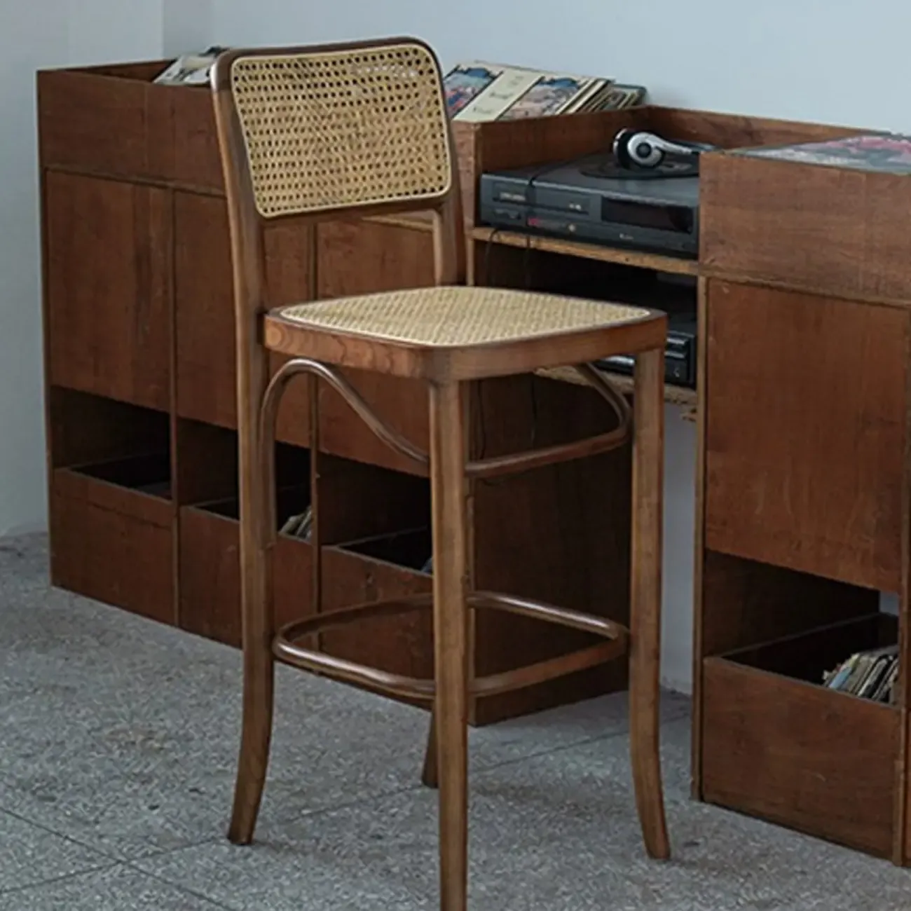 Vintage Wooden Elegance Square Rattan Back High Bar Stool Image - 7