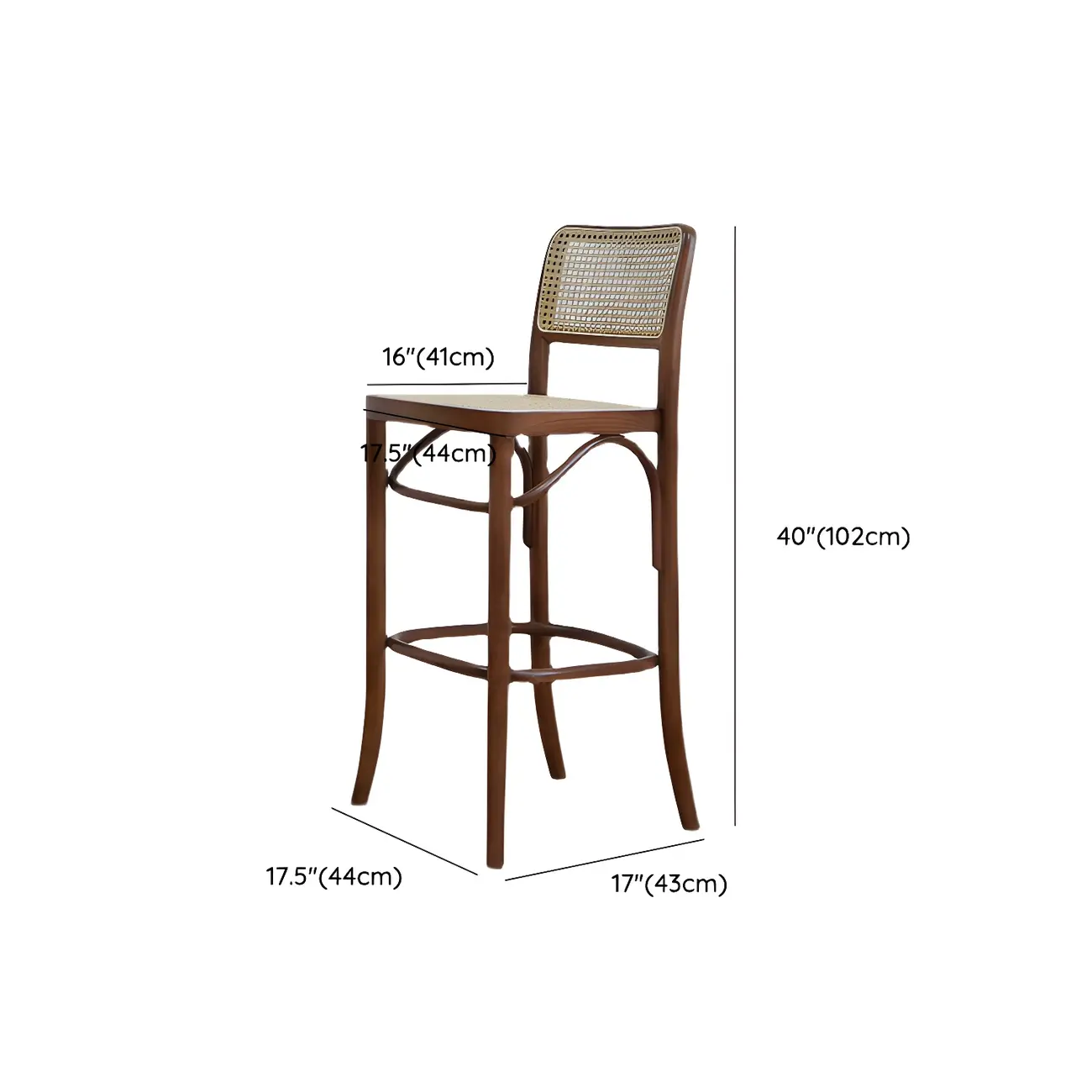 Vintage Wooden Elegance Square Rattan Back High Bar Stool #size