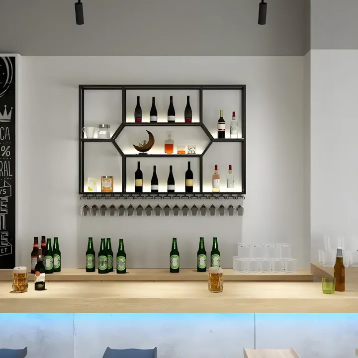 Industrial Metal Wall Mounted Wine Rack with Glass Holder