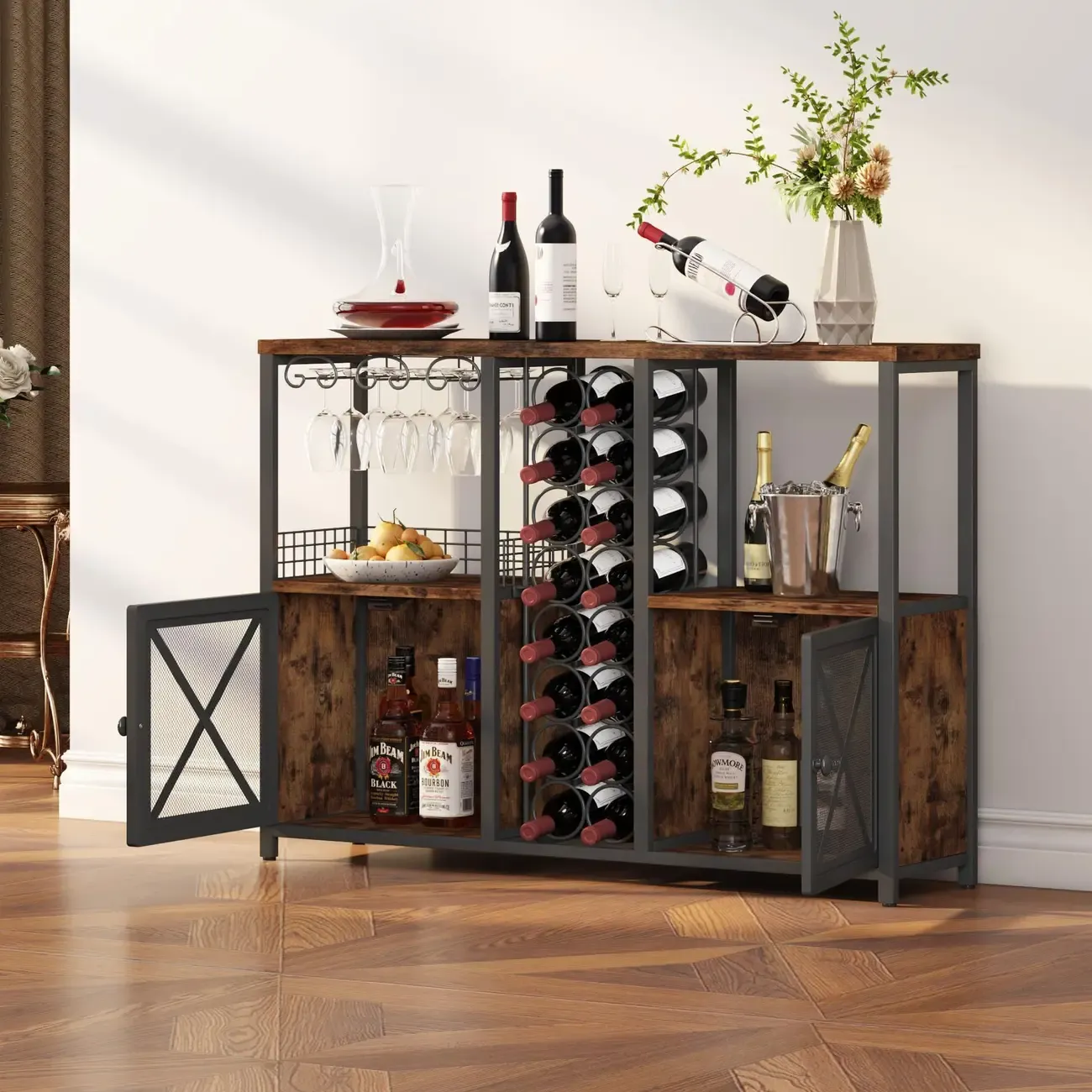 Rustic Floor-standing Wine Cabinet with Bottle Rack | HomeyFad