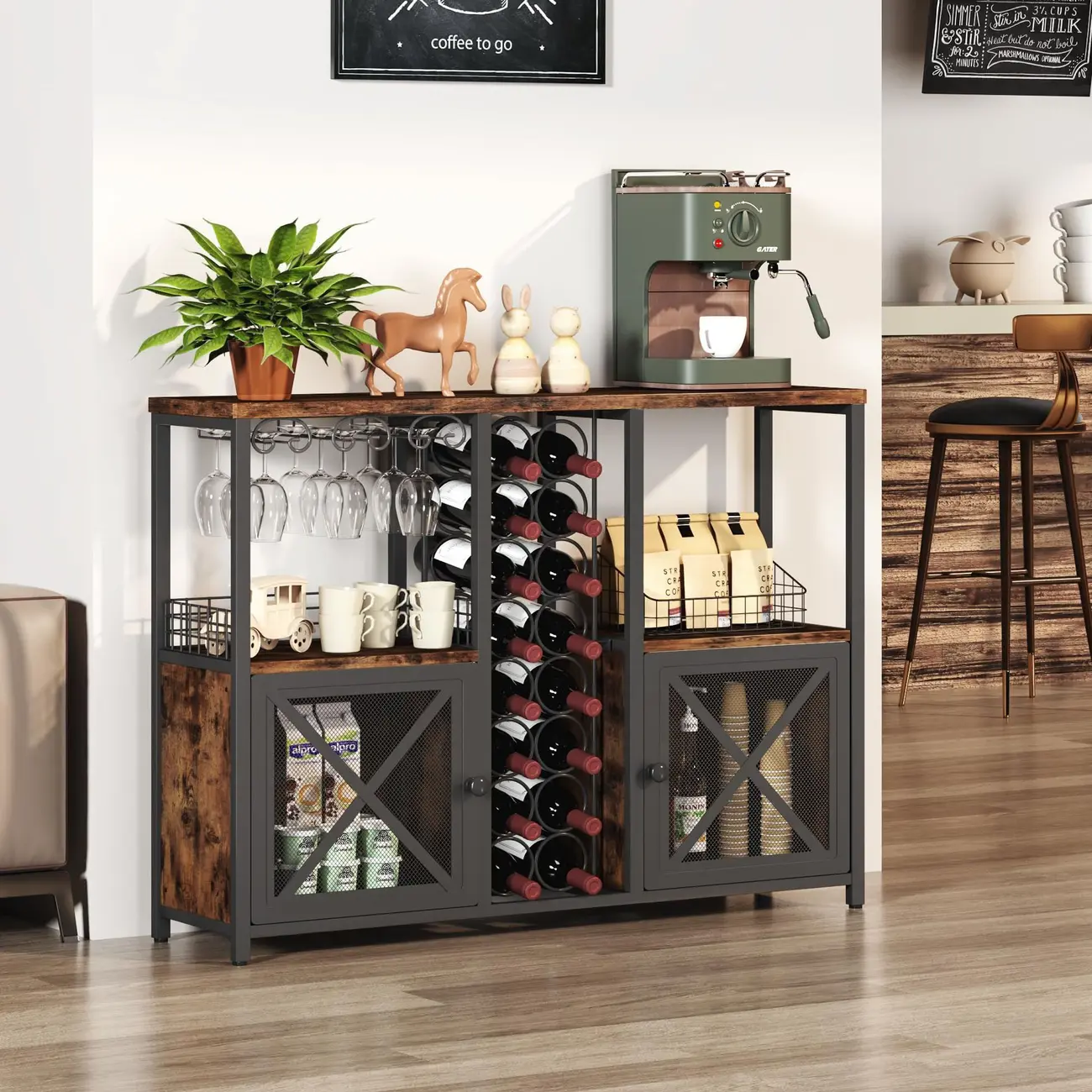  Floor-Standing Multiple Levels Wooden Wine Bottle & Glass Rack Image - 2 | homeyfad