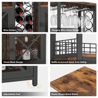  Floor-Standing Multiple Levels Wooden Wine Bottle & Glass Rack Image - 5