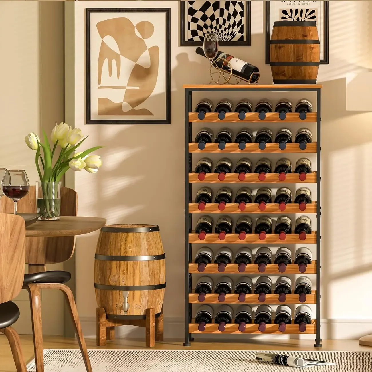 48 Bottle 8 Tier Wine Bottle Rack Freestanding Floor with Wooden Top Image - 1