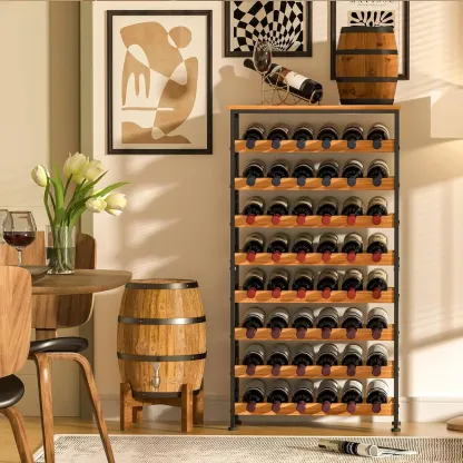 48 Bottle 8 Tier Wine Bottle Rack Freestanding Floor with Wooden Top Image - 1
