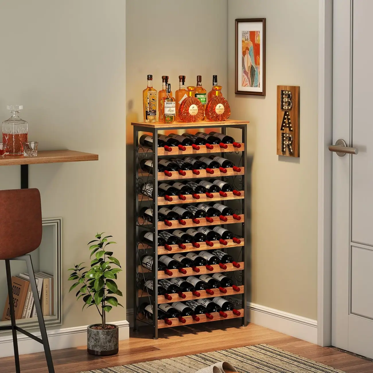 48 Bottle 8 Tier Wine Bottle Rack Freestanding Floor with Wooden Top Image - 2 | homeyfad