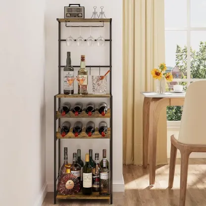 5-Tier Freestanding Wine Rack with Glass Holders and 4 S Hooks Bar Rack for Kitchen Dining Room Living Room Bar Image - 2