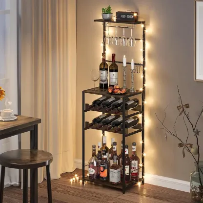 5-Tier Freestanding Wine Rack with Glass Holders and 4 S Hooks Bar Rack for Kitchen Dining Room Living Room Bar Image - 3