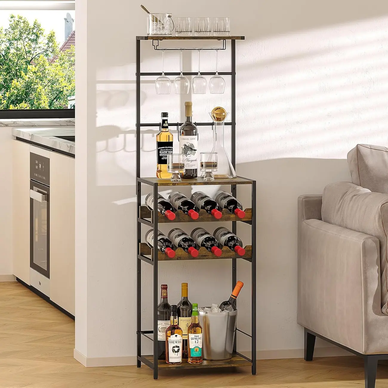 5-Tier Freestanding Wine Rack with Glass Holders and 4 S Hooks Bar Rack for Kitchen Dining Room Living Room Bar Image - 4 | homeyfad
