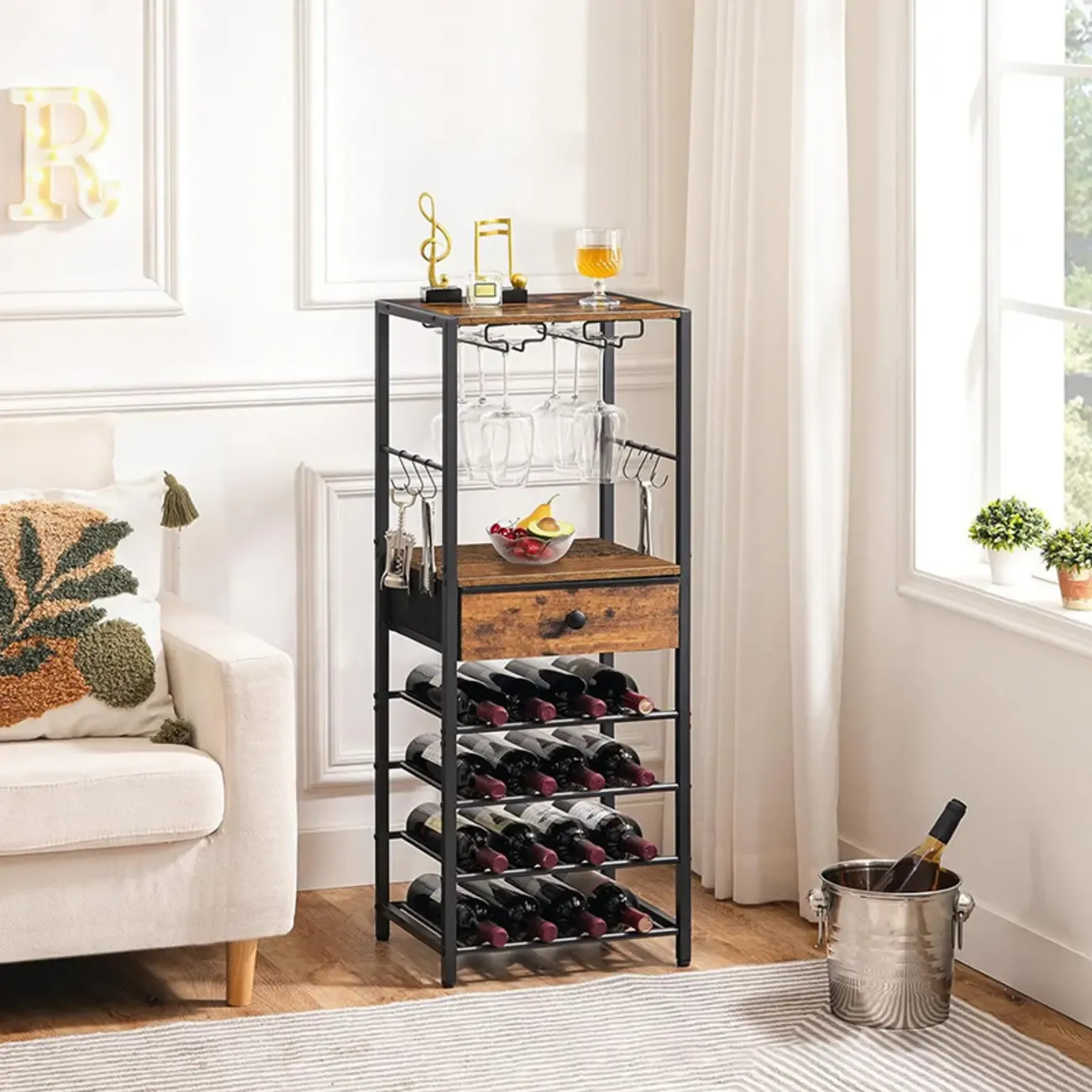 Wine Rack Free Standing Floor Bar Cabinet with Table Top Glass Shelves Storage Drawers 4 Tier Wine Rack Image - 2