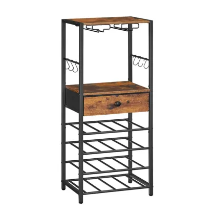 Wine Rack Free Standing Floor Bar Cabinet with Table Top Glass Shelves Storage Drawers 4 Tier Wine Rack Image - 4