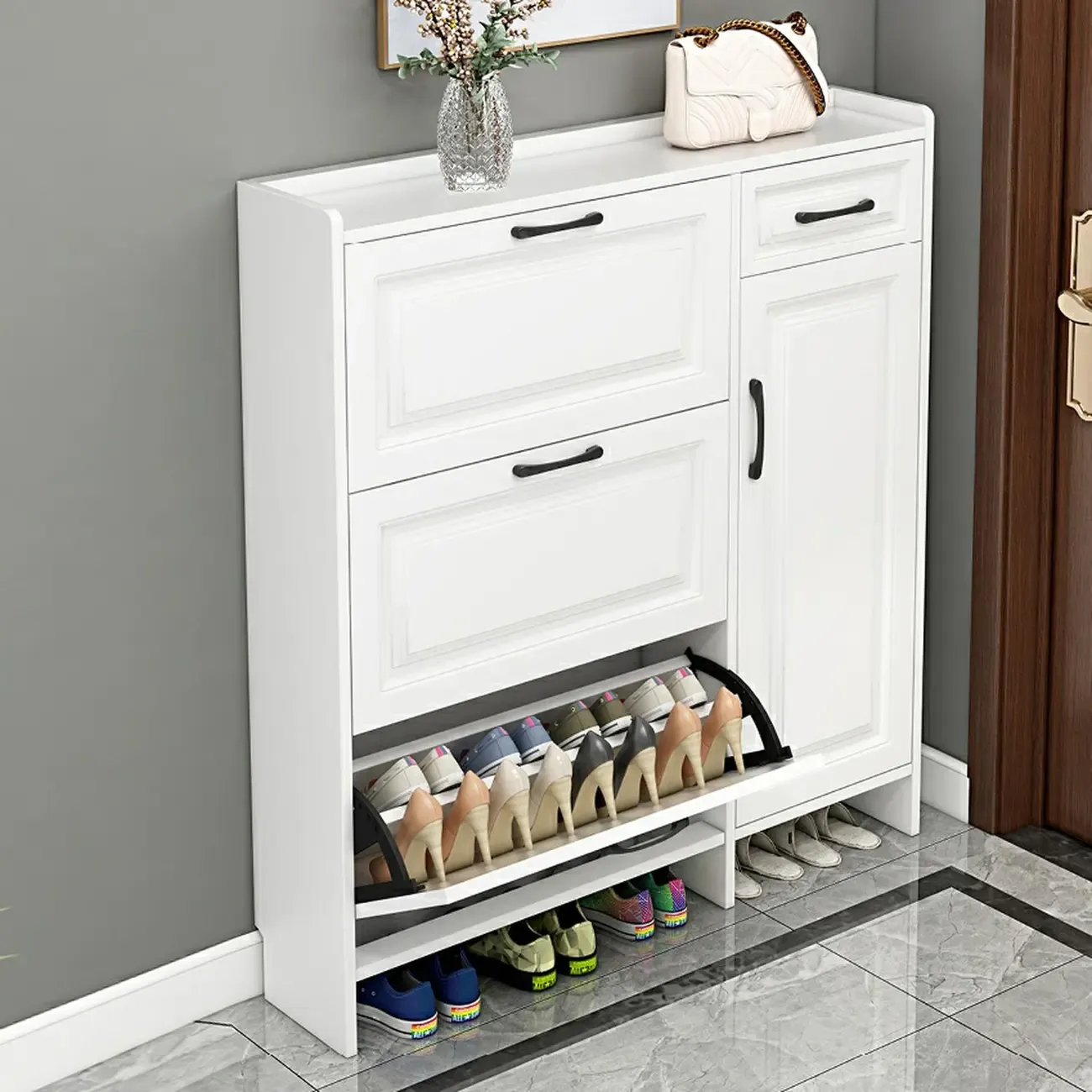 Entryway White Wooden Narrow Shoe Storage Cabinet Image - 1