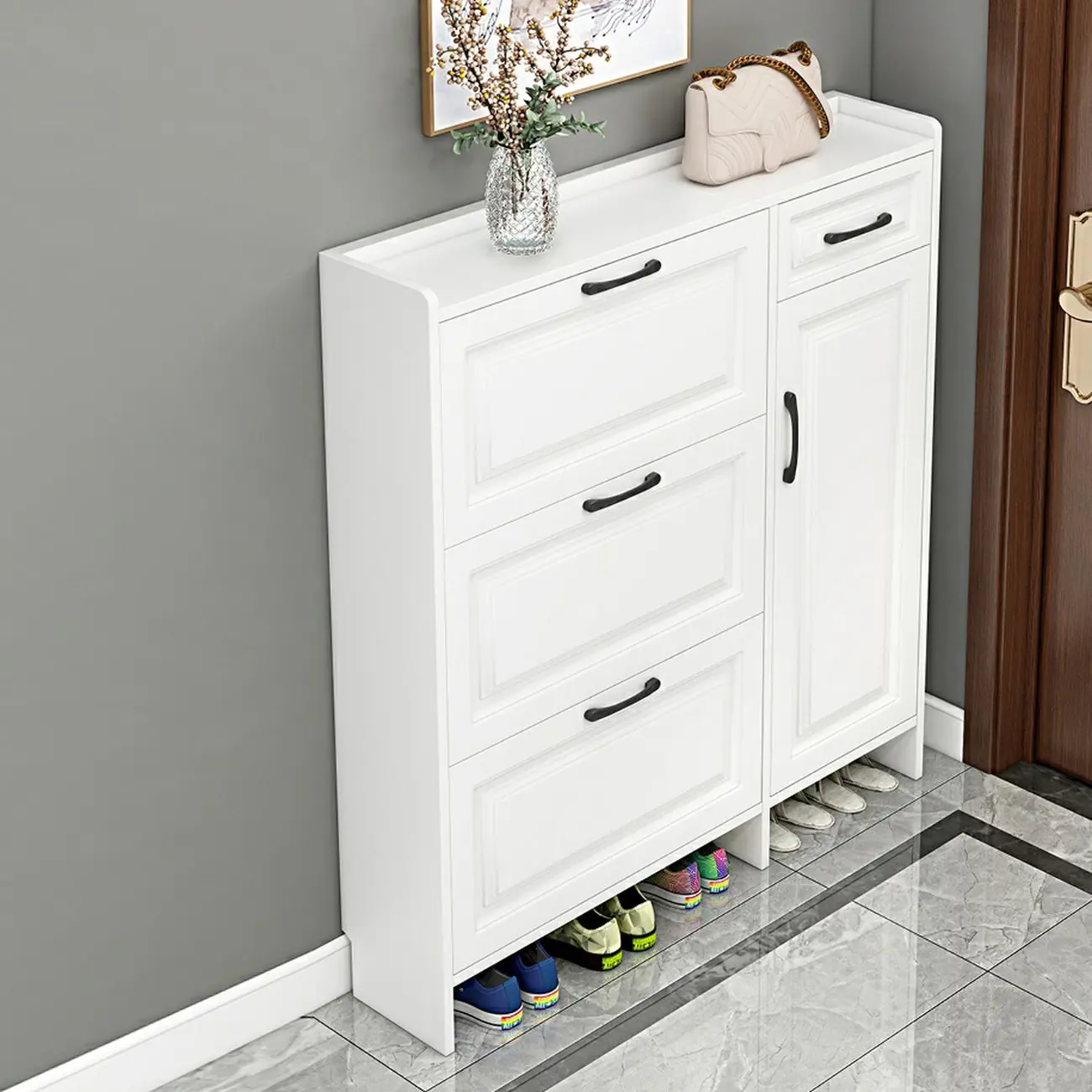 Entryway White Wooden Narrow Shoe Storage Cabinet Image - 2 | homeyfad
