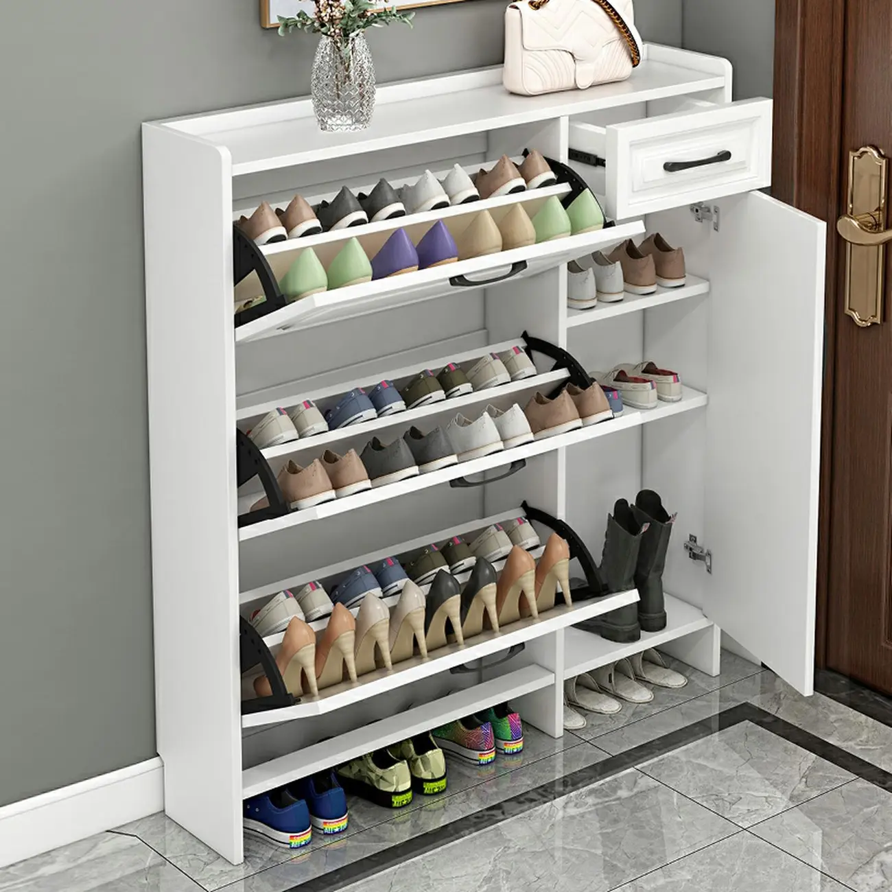 Entryway White Wooden Narrow Shoe Storage Cabinet Image - 3 | homeyfad