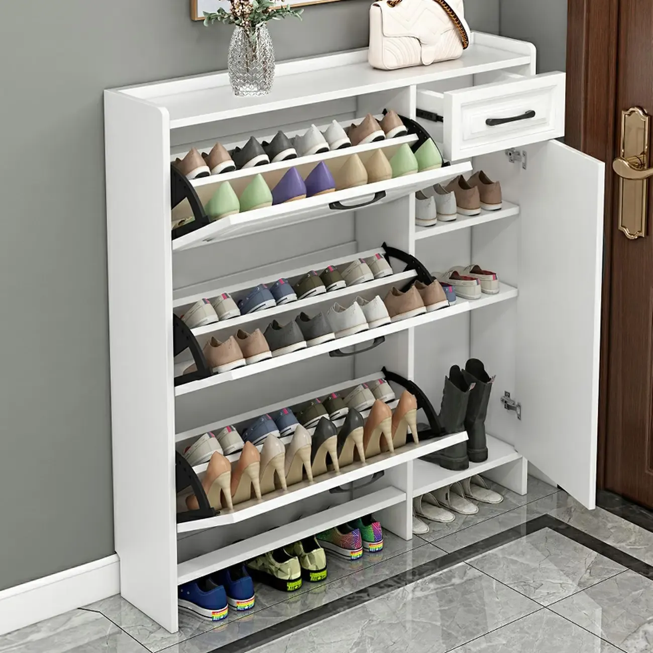 Entryway White Wooden Narrow Shoe Storage Cabinet Image - 3