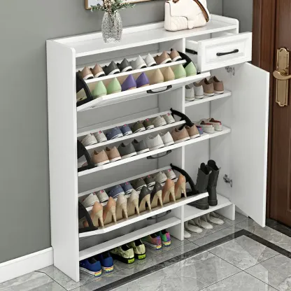 Entryway White Wooden Narrow Shoe Storage Cabinet Image - 3