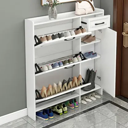 Entryway White Wooden Narrow Shoe Storage Cabinet Image - 4