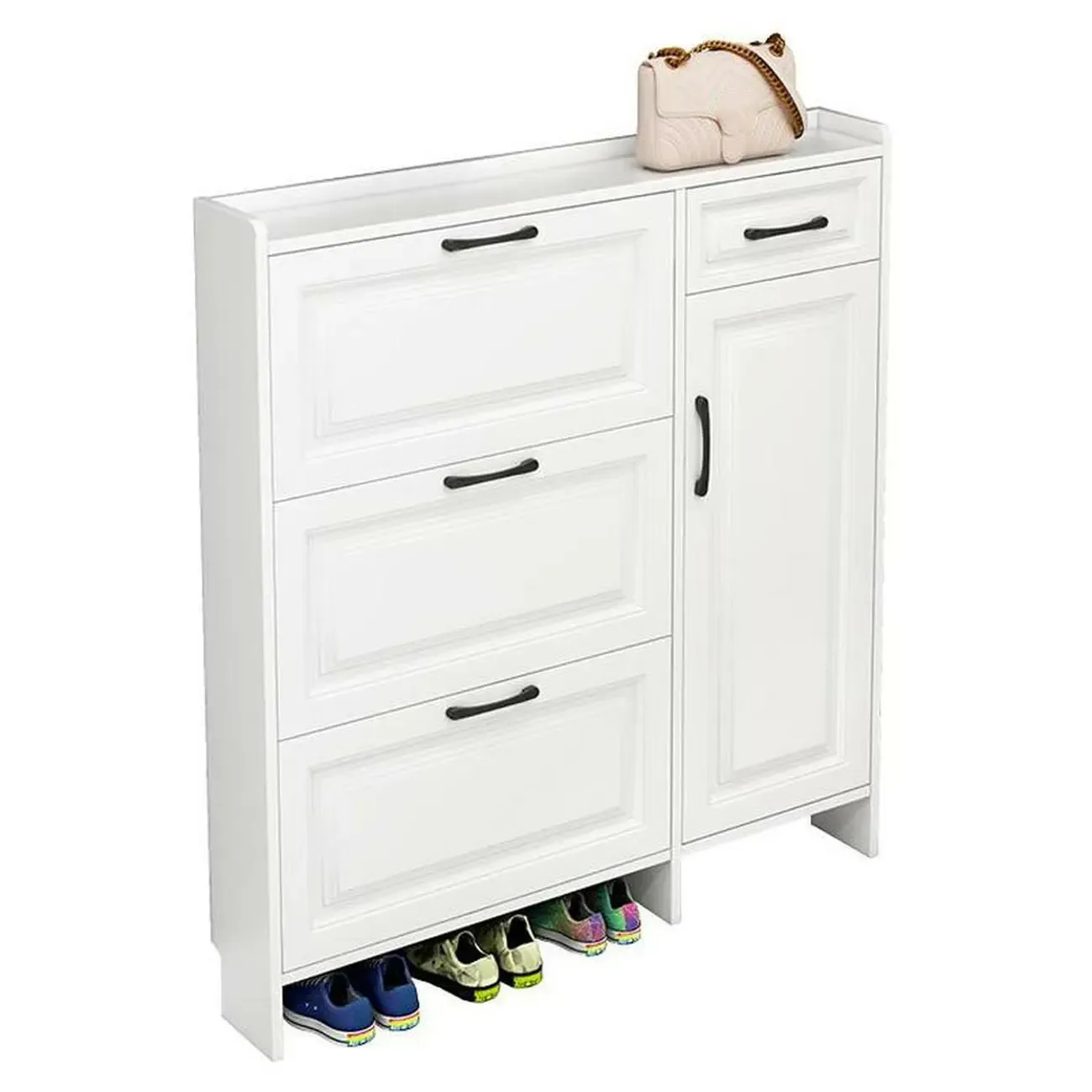Entryway White Wooden Narrow Shoe Storage Cabinet Image - 5