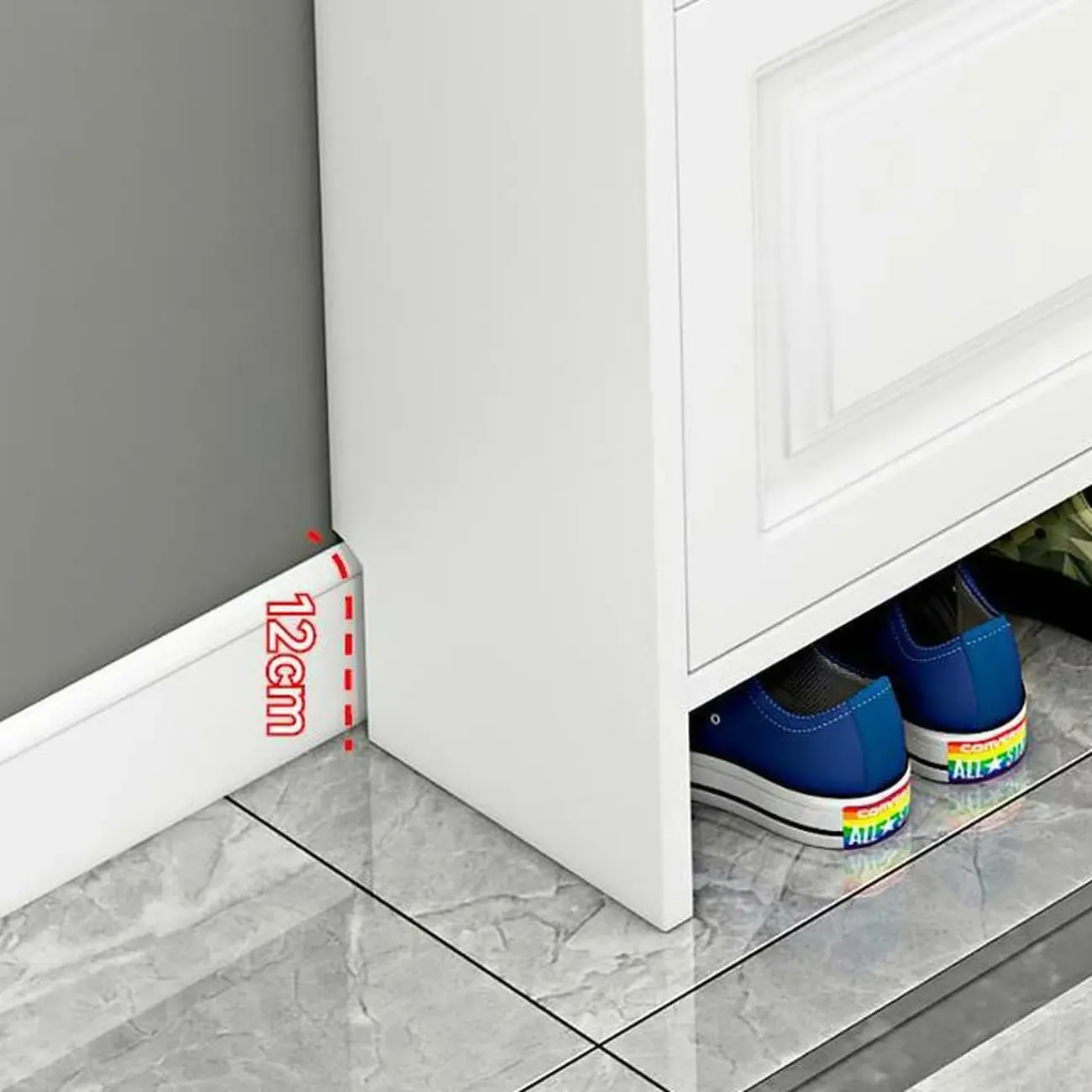 Entryway White Wooden Narrow Shoe Storage Cabinet Image - 9