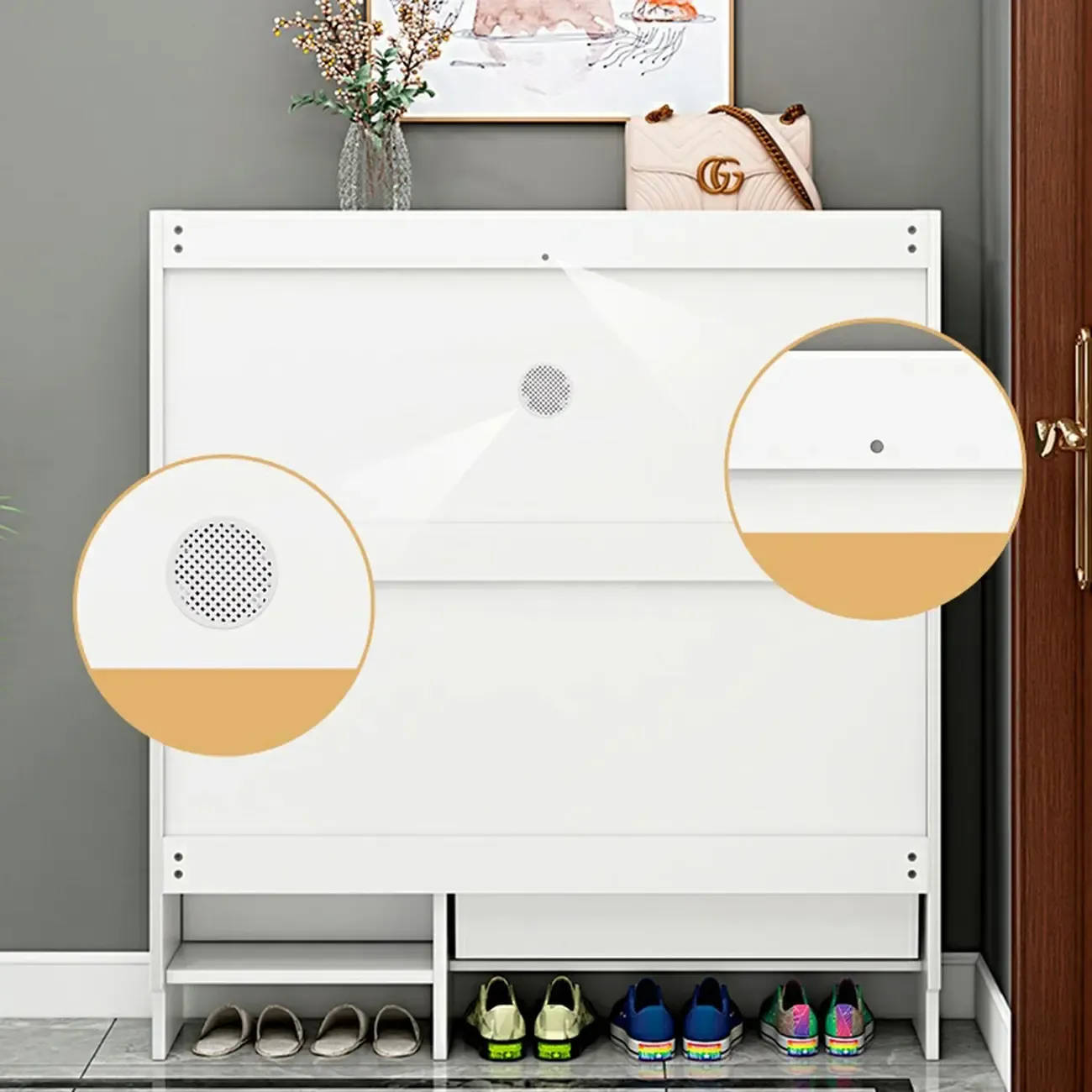 Entryway White Wooden Narrow Shoe Storage Cabinet Image - 10