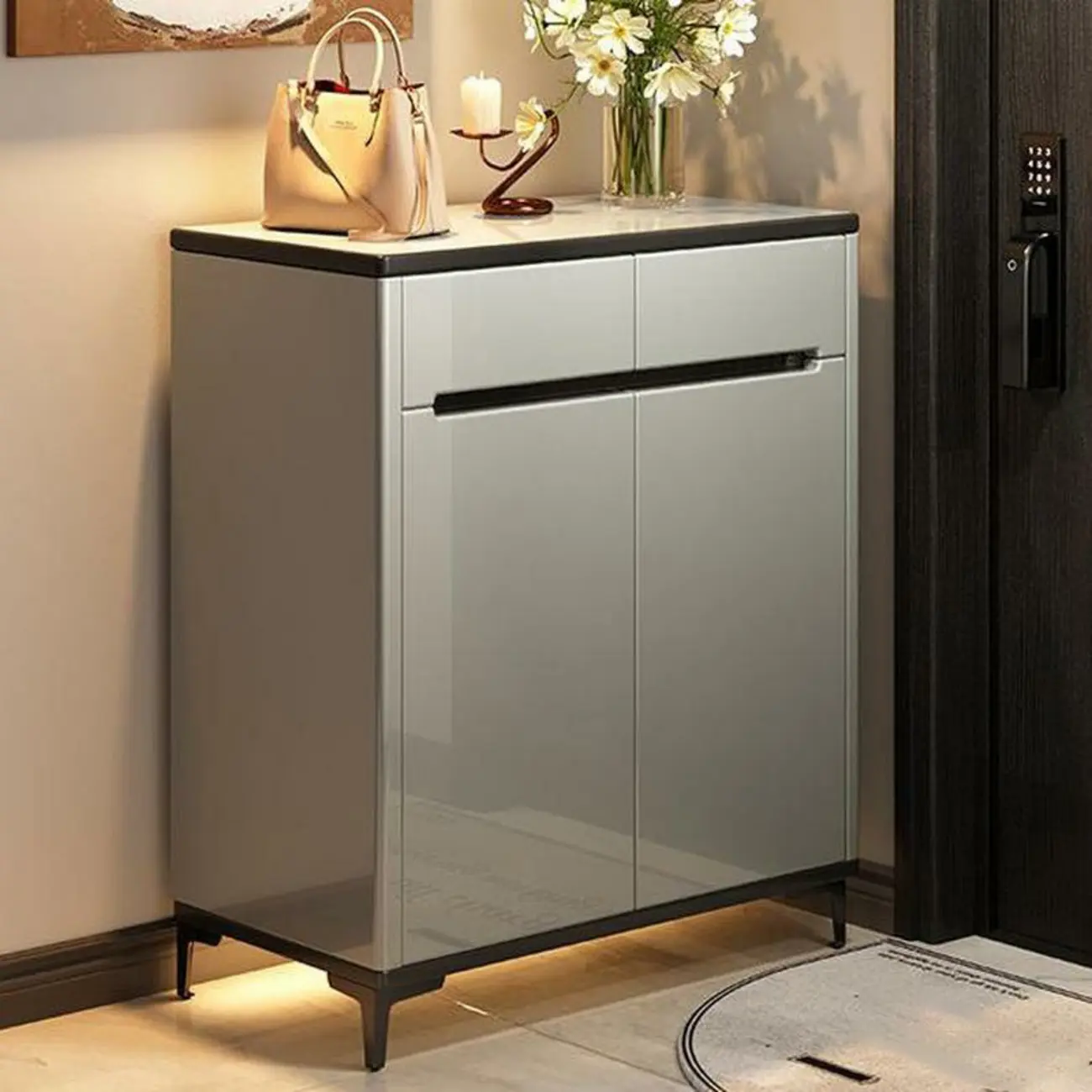 Sleek Entryway Wooden Shoe Storage Cabinet with Glass Top Image - 1 | homeyfad