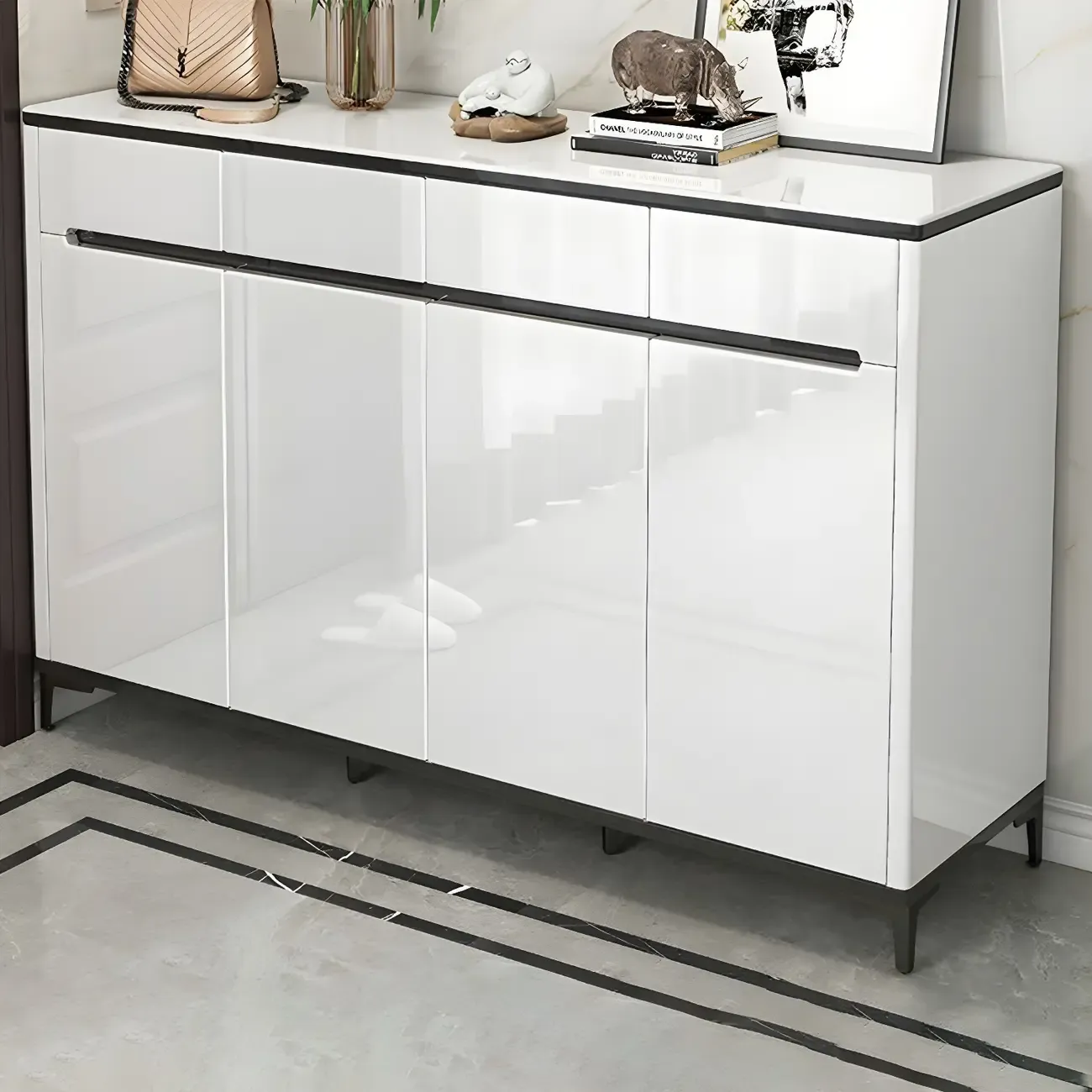 Sleek Entryway Wooden Shoe Storage Cabinet with Glass Top Image - 2