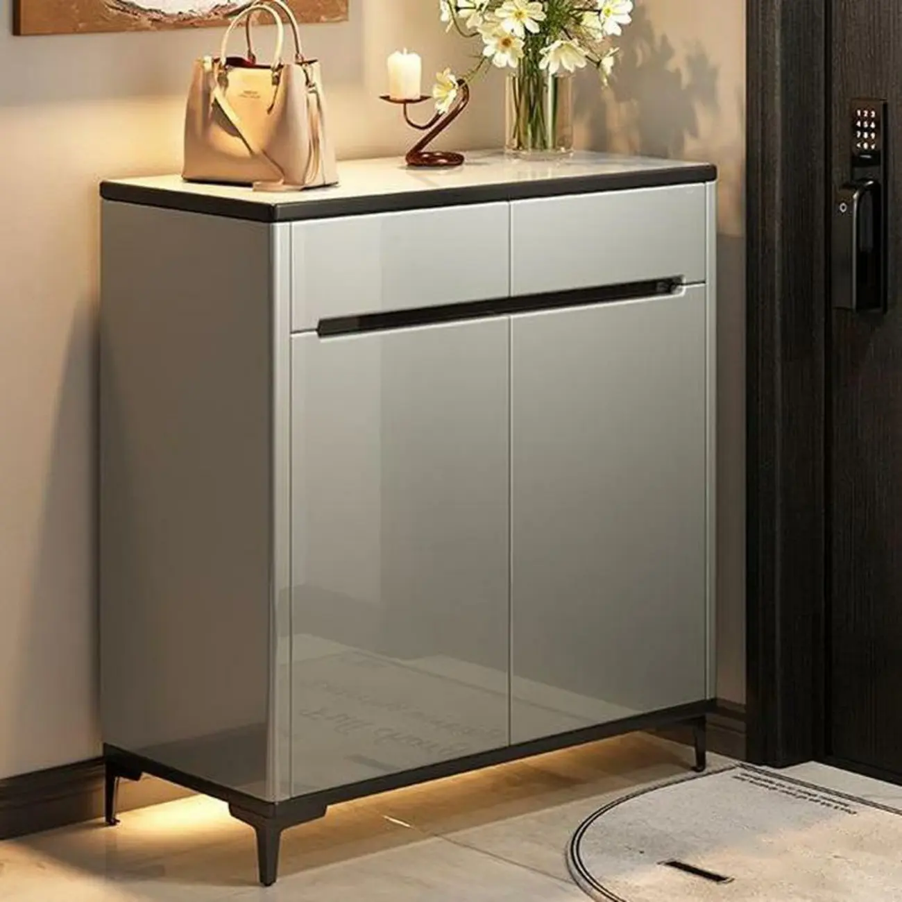 Sleek Entryway Wooden Shoe Storage Cabinet with Glass Top Image - 3 | homeyfad