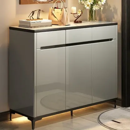 Sleek Entryway Wooden Shoe Storage Cabinet with Glass Top Image - 4