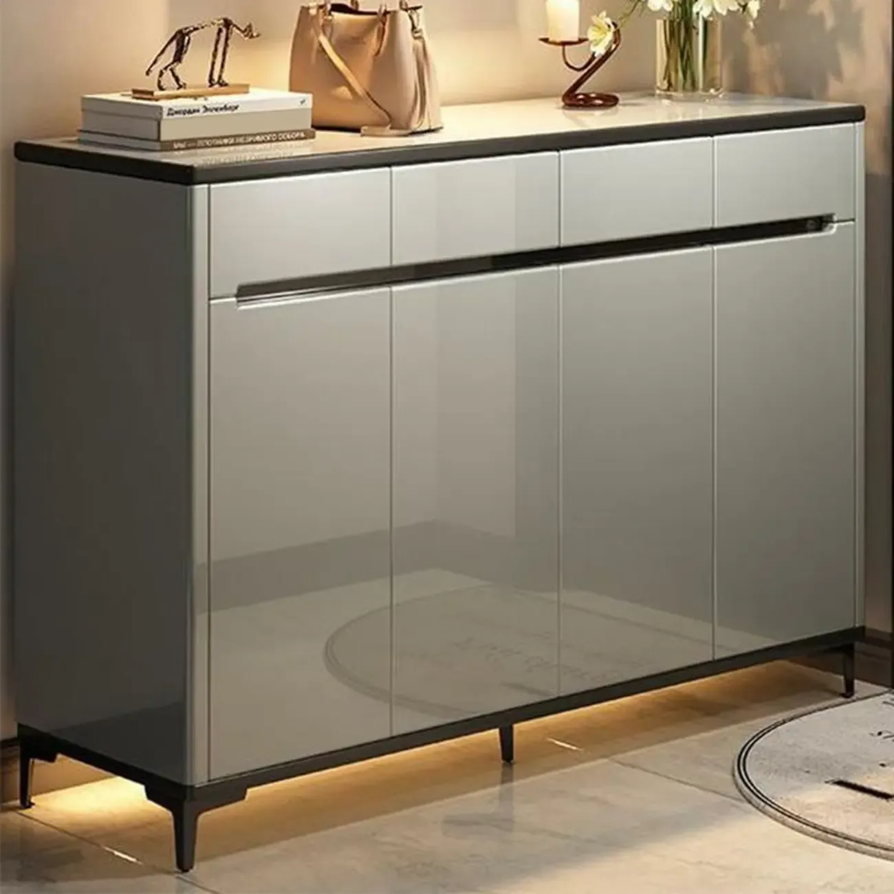 Sleek Entryway Wooden Shoe Storage Cabinet with Glass Top Image - 5