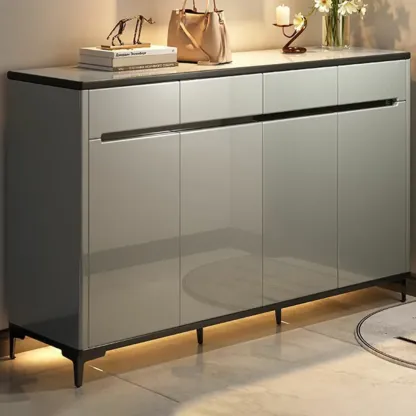 Sleek Entryway Wooden Shoe Storage Cabinet with Glass Top Image - 12