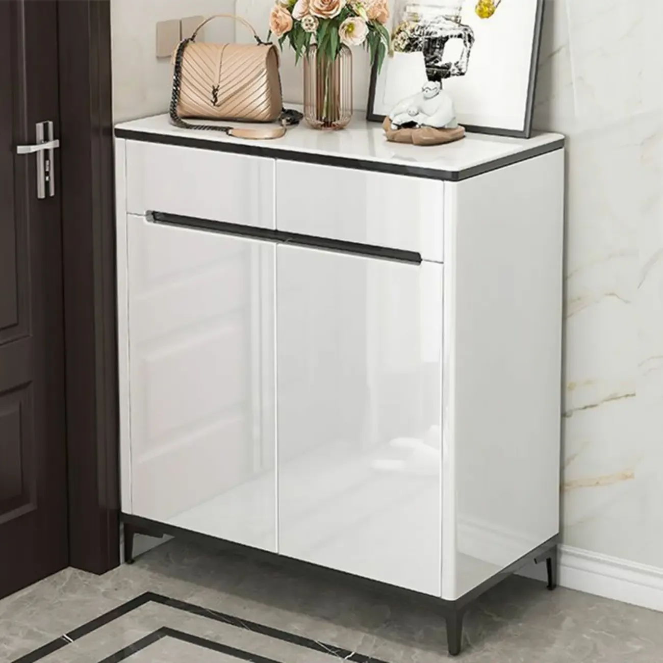 Sleek Entryway Wooden Shoe Storage Cabinet with Glass Top | HomeyFad