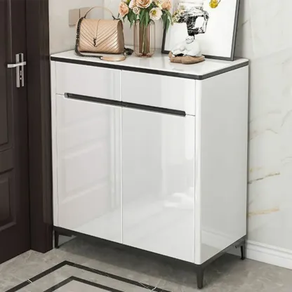 Sleek Entryway Wooden Shoe Storage Cabinet with Glass Top Image - 13