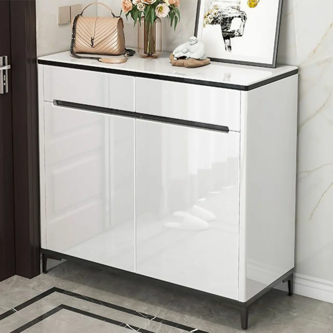 Sleek Entryway Wooden Shoe Storage Cabinet with Glass Top Image - 14 | homeyfad