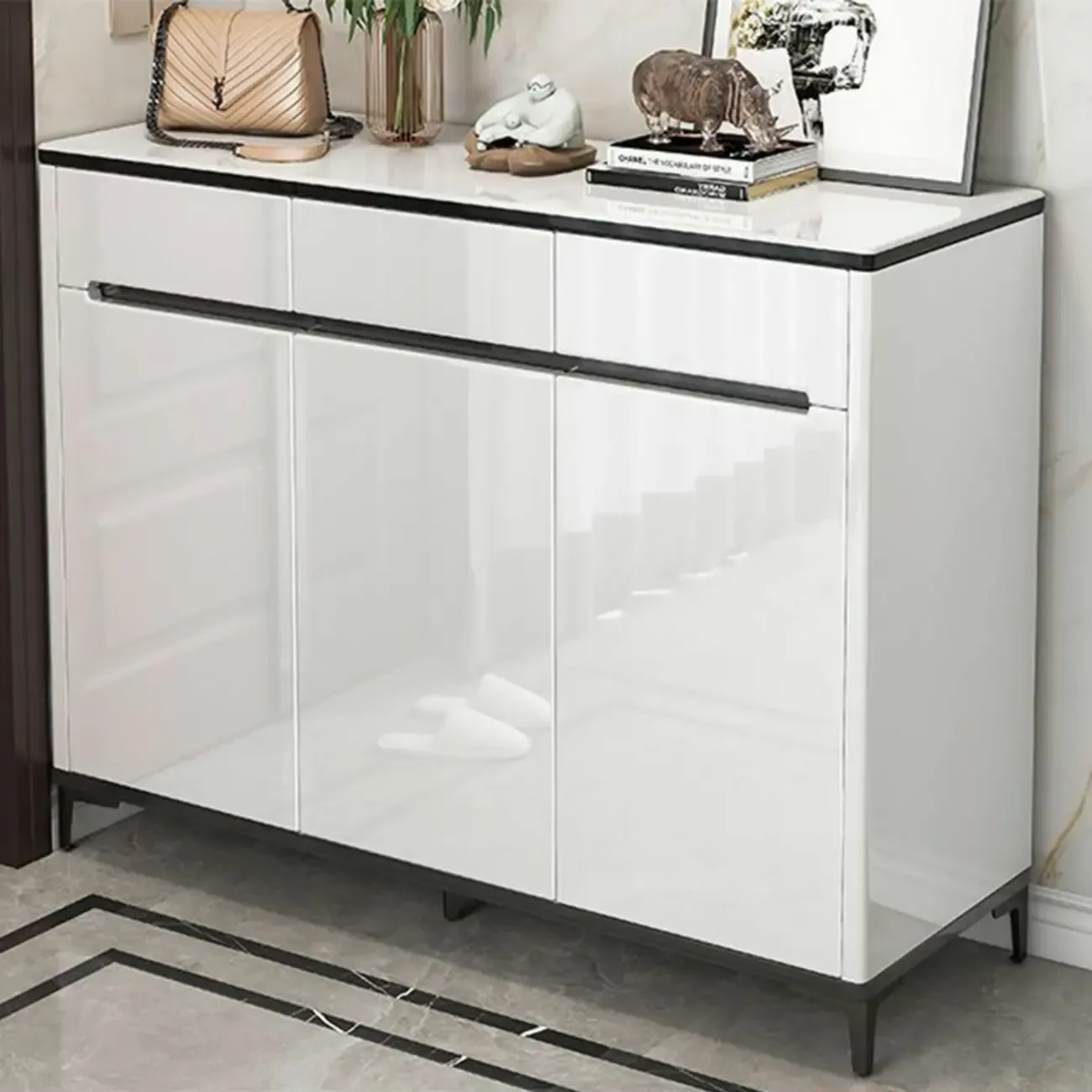 Sleek Entryway Wooden Shoe Storage Cabinet with Glass Top Image - 15