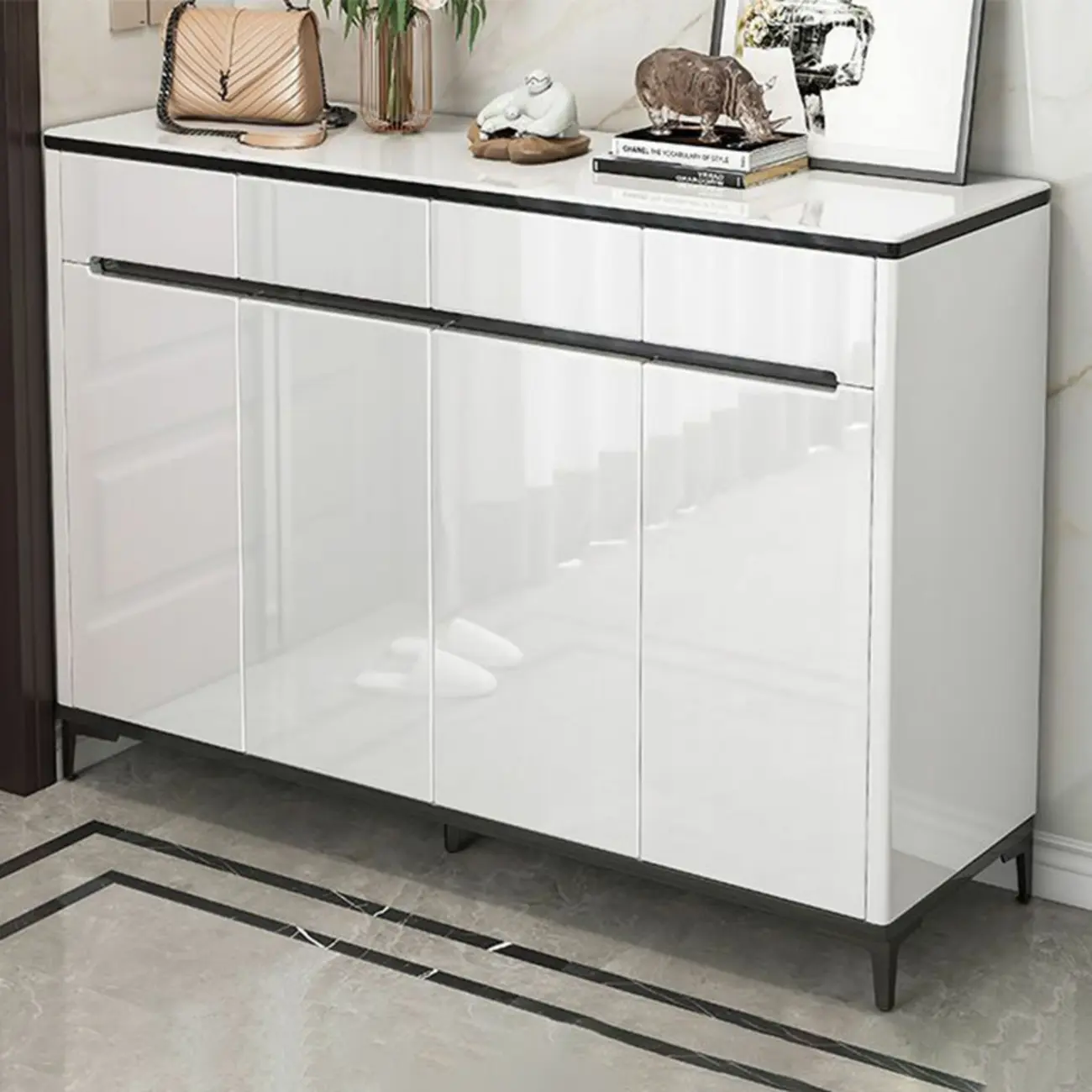 Sleek Entryway Wooden Shoe Storage Cabinet with Glass Top Image - 16 | homeyfad