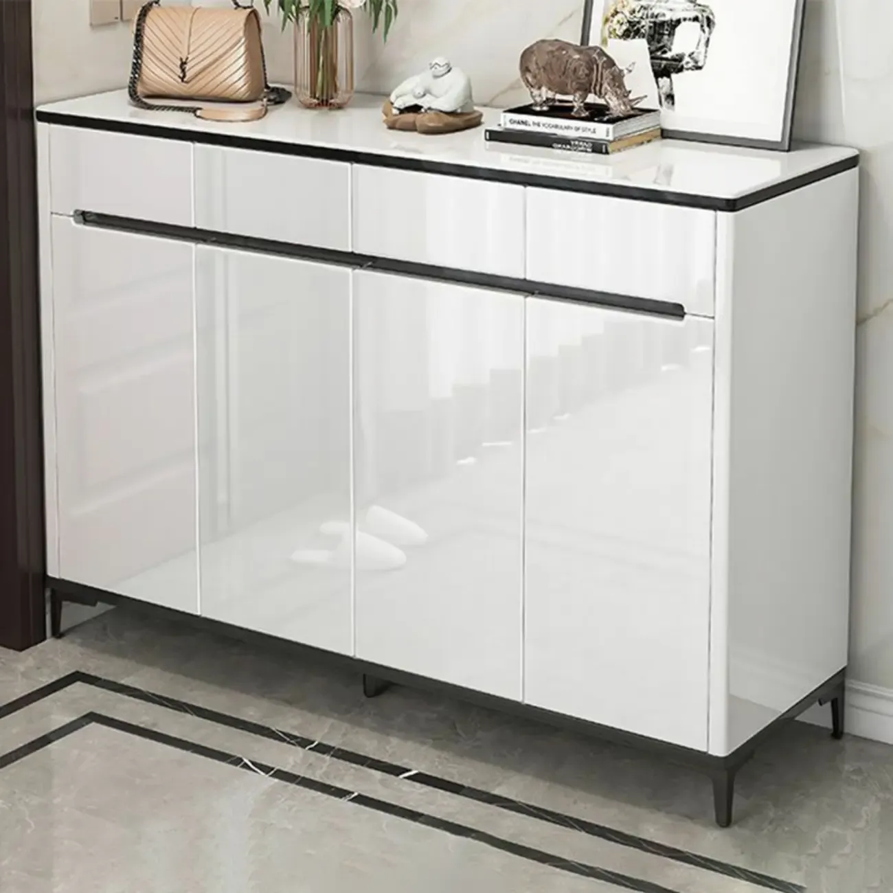 Sleek Entryway Wooden Shoe Storage Cabinet with Glass Top Image - 16