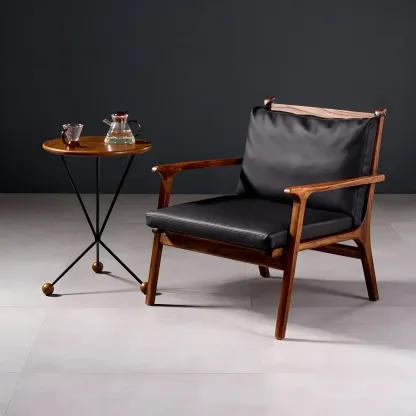 Scandinavian Faux Leather Wood Square Arm Accent Chair Image - 1