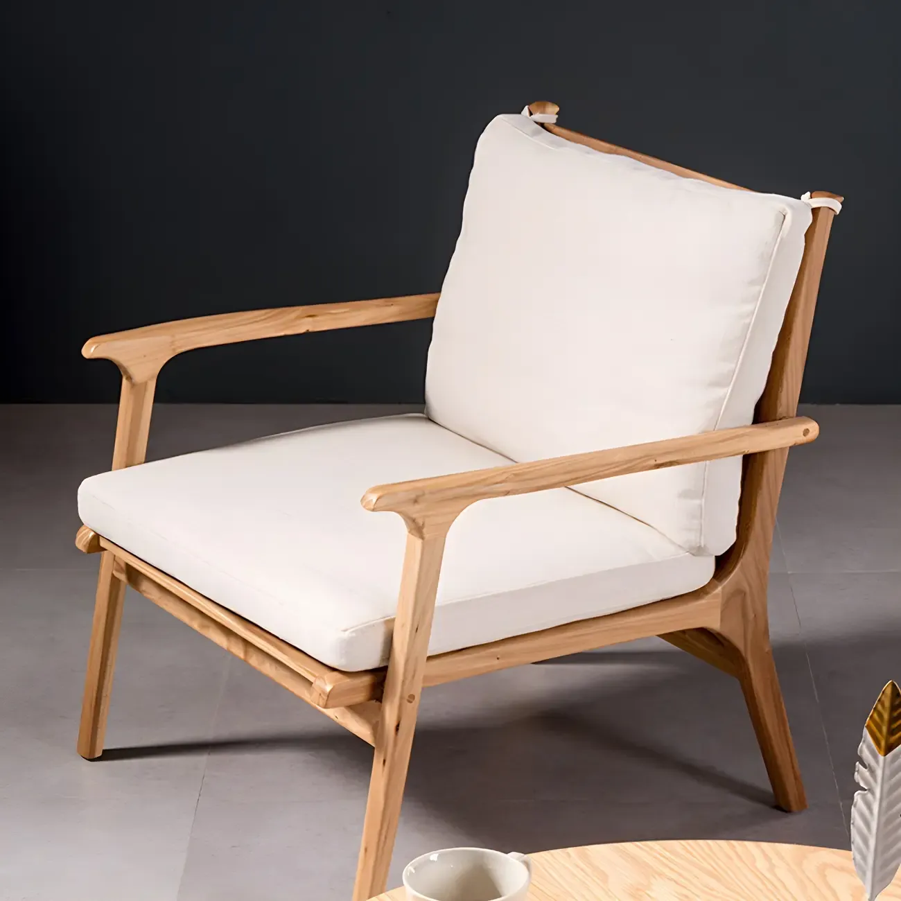 Scandinavian Faux Leather Wood Square Arm Accent Chair Image - 12