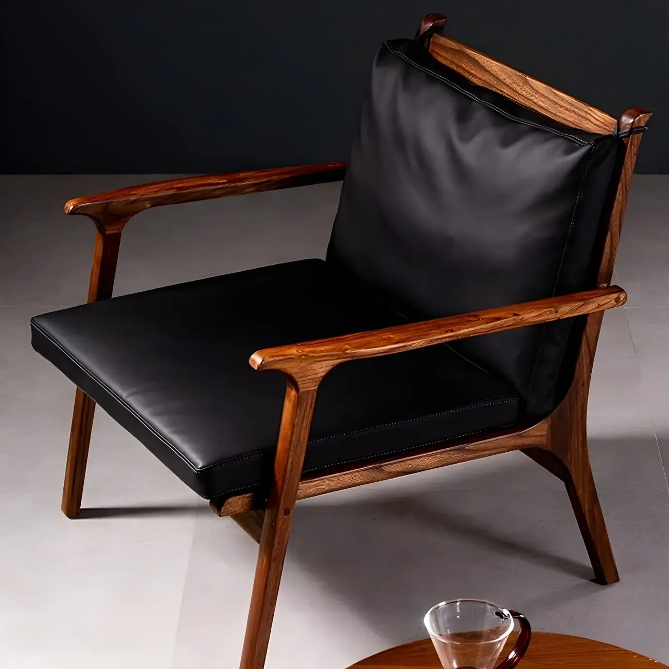 Scandinavian Faux Leather Wood Square Arm Accent Chair Image - 13