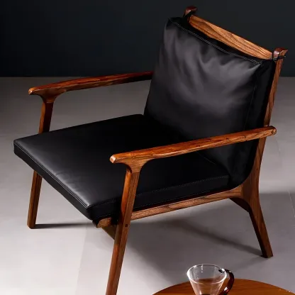 Scandinavian Faux Leather Wood Square Arm Accent Chair Image - 13