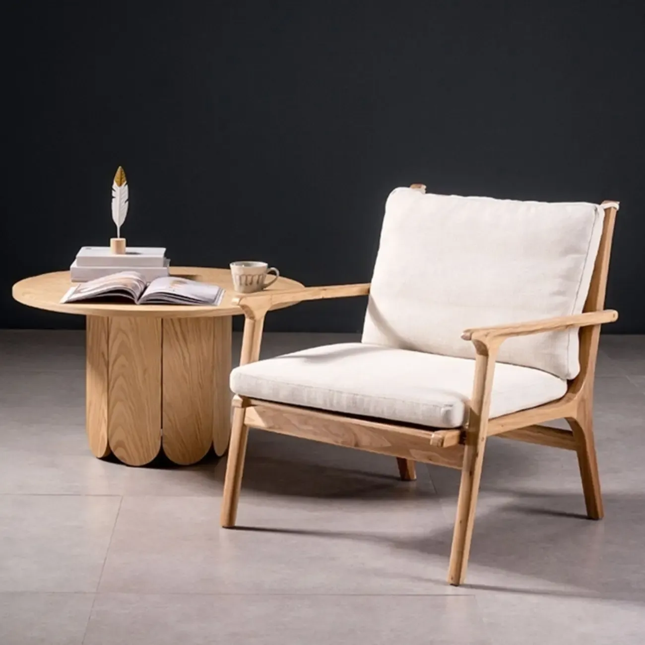 Scandinavian Faux Leather Wood Square Arm Accent Chair Image - 14